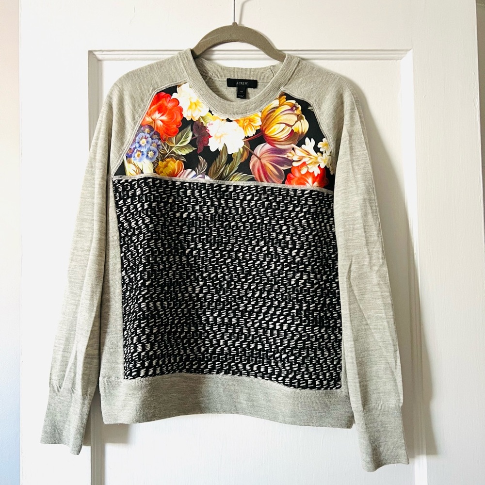 J.Crew floral and grey mix media sweater. Size XS
